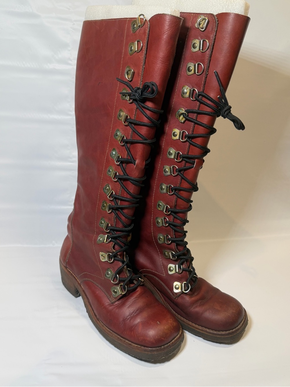 Buskens 70s Vintage Red Leather Lace Up Campus Boots Woman 8.5 M Rare Knee High